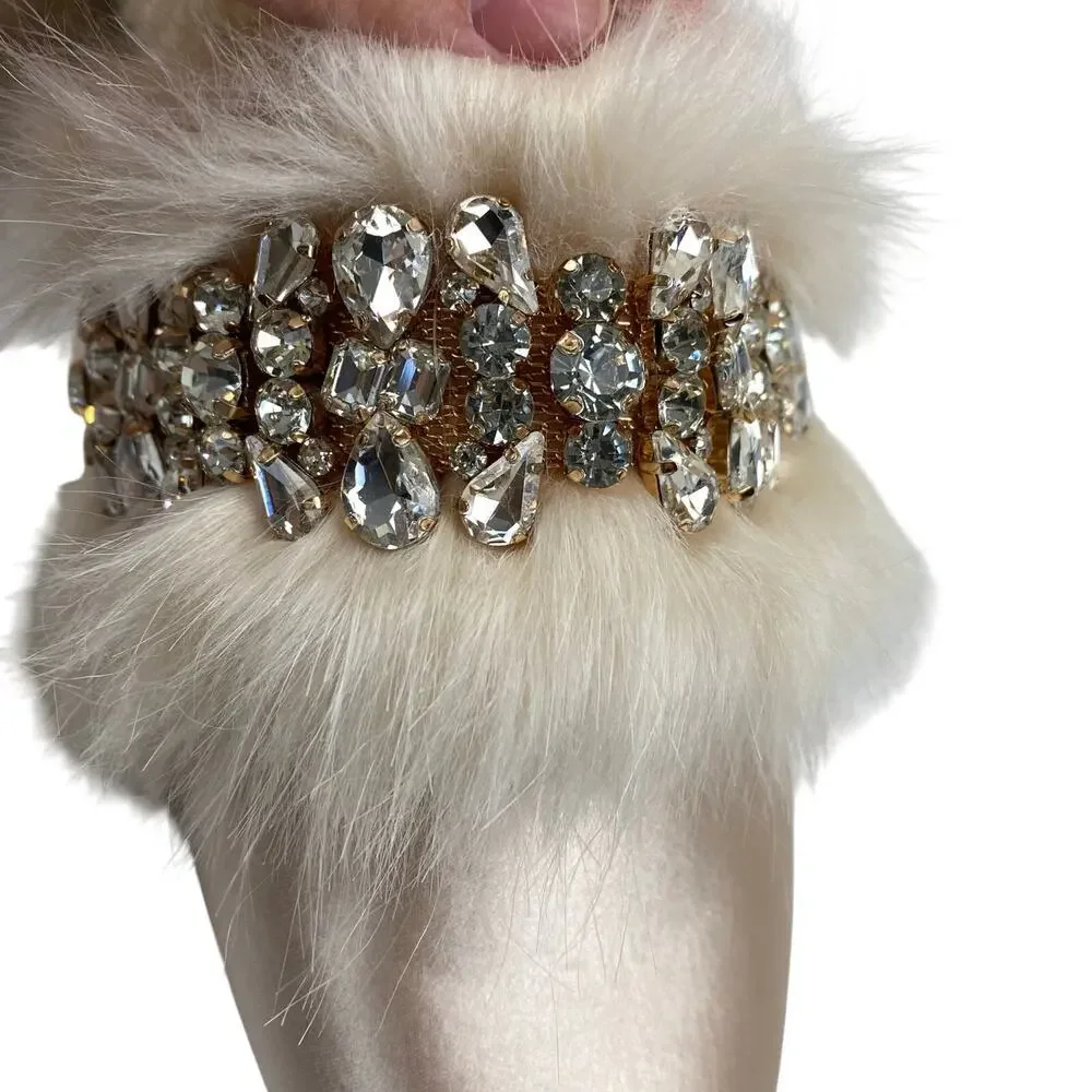 Express Faux Fur Crystal Mule Slippers Pink Coquette Twee Glam Cozy Holiday Chic - Picture 7 of 9